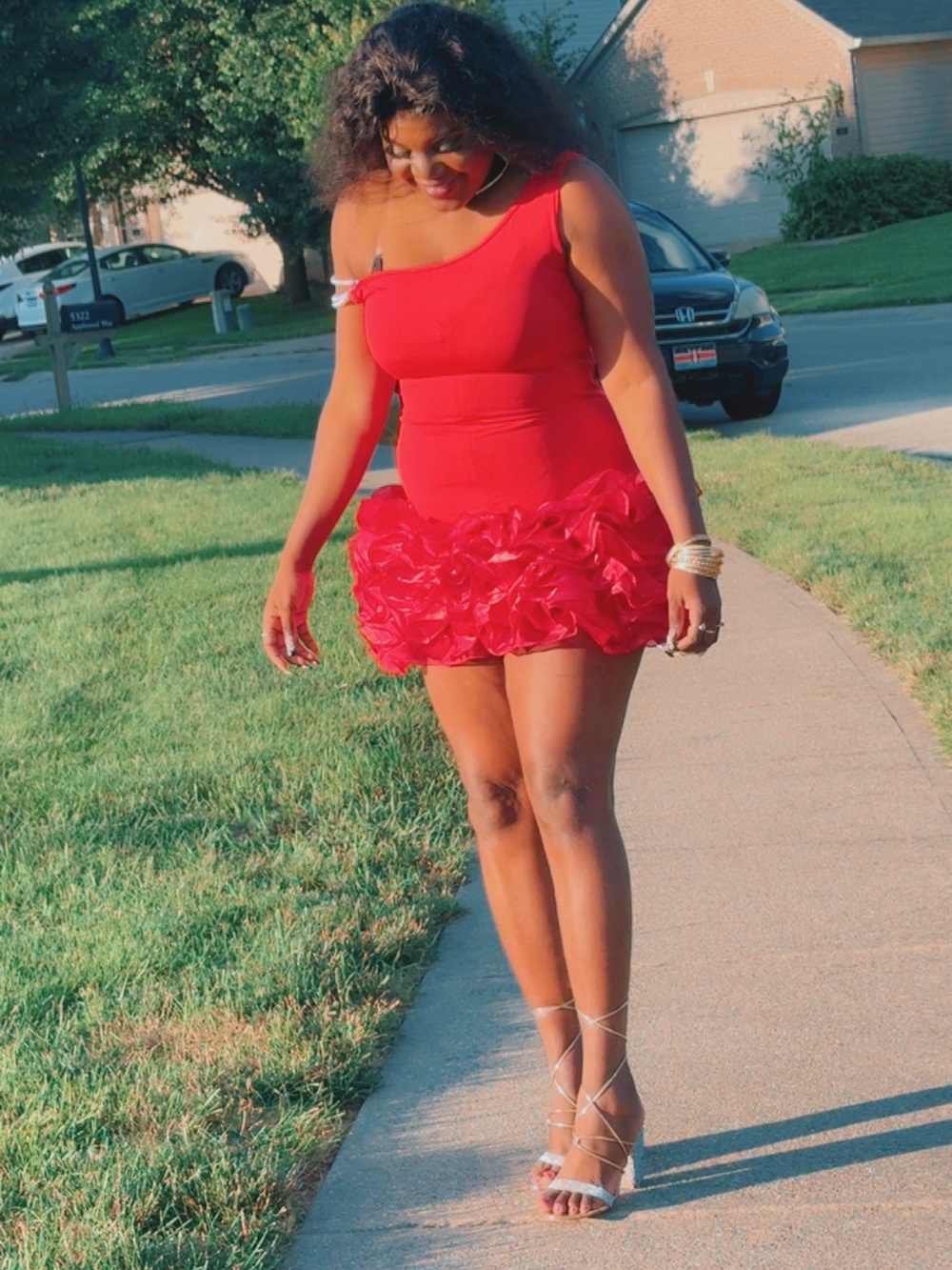 Red One-Shoulder Ruffle Hem Party Dress